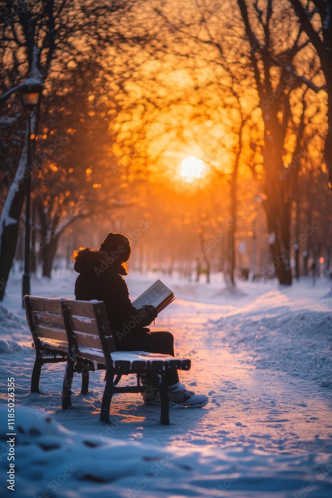 A person sits peacefully on a snowy bench, immersed in a book as the sun sets, casting a warm glow over the tranquil winter park filled with trees A person sits peacefully on a snowy bench, immersed in a book as the sun sets, casting a warm glow over the tranquil winter park filled with trees