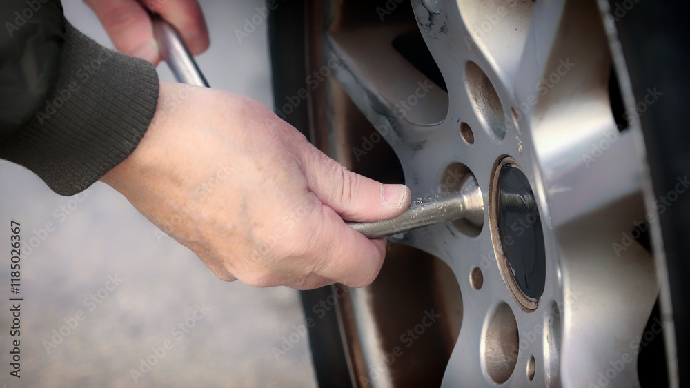 Mechanic using lug wrench to tighten wheel nuts on car
