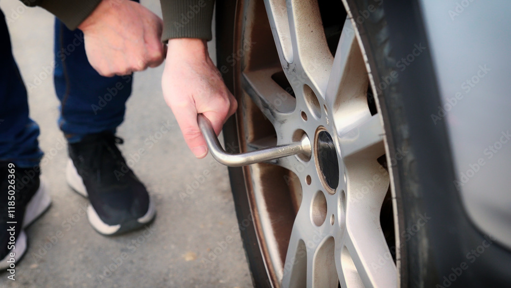 Mechanic changing a flat tire on a car