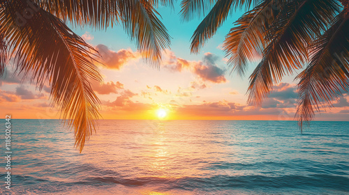 Fototapeta Naklejka Na Ścianę i Meble -  Text hello summer for tropical holiday travel season, beach palm trees and sunset over the sea or ocean horizon illustration. greeting card or flyer wallpaper, tourism banner background.