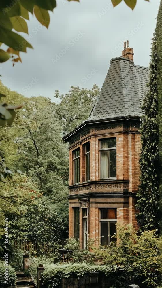 Historic brick house surrounded by lush greenery in a tranquil setting Historic brick house surrounded by lush greenery in a tranquil setting