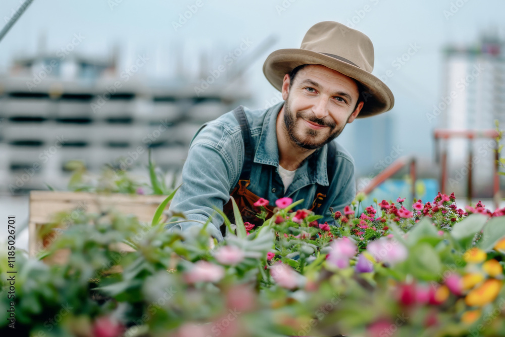 A male gardener working in rooftop green garden at the modern building. Urban agriculture on the rooftop of the building A male gardener working in rooftop green garden at the modern building. Urban agriculture on the rooftop of the building