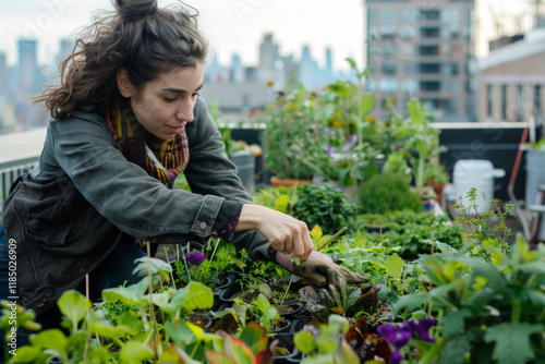 A white female gardener working in rooftop green garden at the modern building. Urban agriculture on the rooftop of the city building