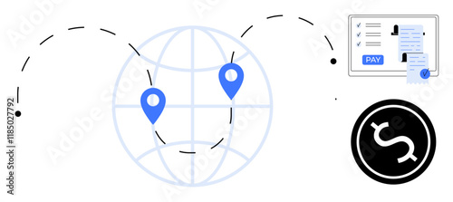 Globe with two blue location pins connected by dotted lines, document with PAY button, and black dollar sign icon. Ideal for financial services, banking, global trade, payment processing, digital