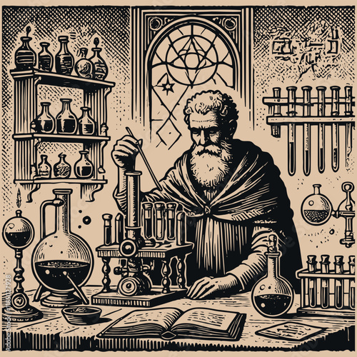 Alchemist in laboratory, black vintage flat vector engraving art