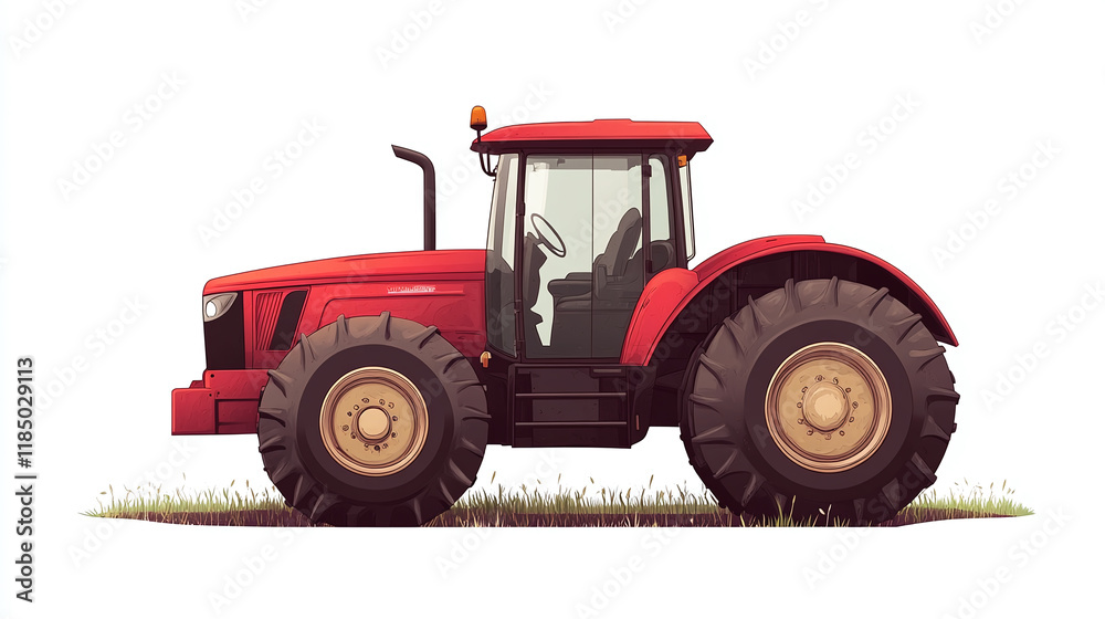 Obraz premium Red farm tractor, agriculture industry machine isolated object on white background. rural countryside agronomy transport vehicle, heavy, big tires.