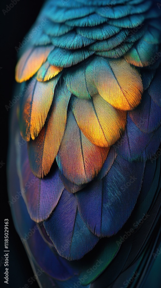 Fototapeta premium Close-up of a vibrant bird's feathers showcasing an iridescent blend of blues and oranges.