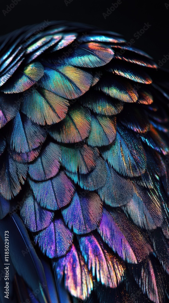 Obraz premium Close-up of iridescent bird feathers showcasing vibrant colors and intricate details.