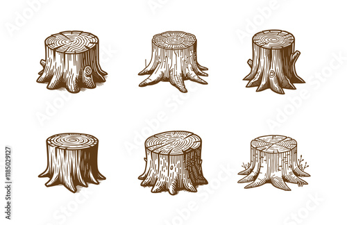 set of bundle a vector illustration of a tree stump with roots and detailed texture flat design