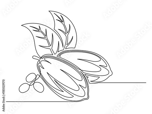 Continuous one line cacao beans branch with leaves isolated on white background. Simple vegetable silhouette. Hand drawn cacao beans branch outline. Vector illustration