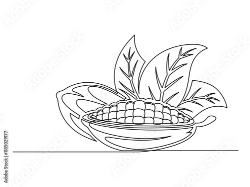 Continuous one line cacao beans branch with leaves isolated on white background. Simple vegetable silhouette. Hand drawn cacao beans branch outline. Vector illustration