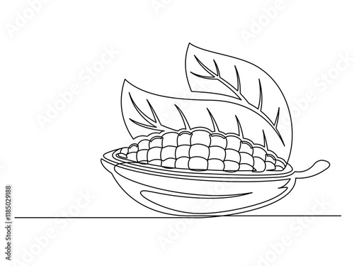 Continuous one line cacao beans branch with leaves isolated on white background. Simple vegetable silhouette. Hand drawn cacao beans branch outline. Vector illustration