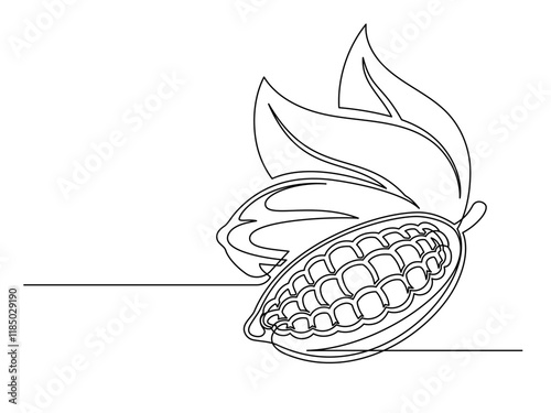 Continuous one line cacao beans branch with leaves isolated on white background. Simple vegetable silhouette. Hand drawn cacao beans branch outline. Vector illustration