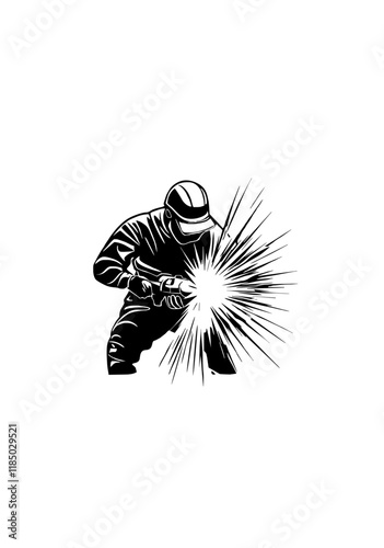 Dynamic Black and White Vector of a Welder Generating Bright Sparks While Working in Protective Gear