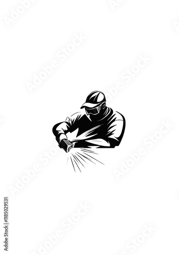 Black and White Vector Illustration of a Welder Wearing Safety Gear and Working with Welding Sparks