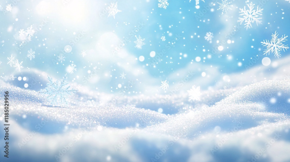 Fototapeta premium Snowflakes falling on snowy ground during winter wonderland