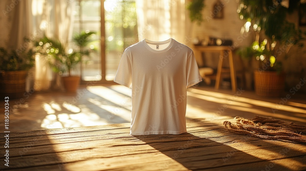 Sunlight Illuminates a Blank White T-Shirt on Rustic Wooden Floor Sunlight Illuminates a Blank White T-Shirt on Rustic Wooden Floor