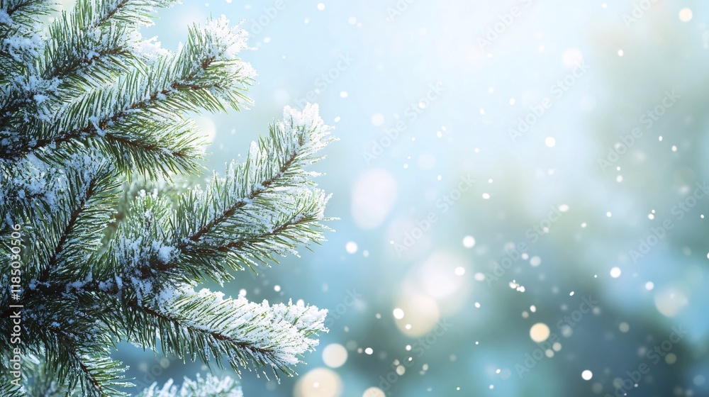 Snow falling on pine tree branches in winter wonderland Snow falling on pine tree branches in winter wonderland