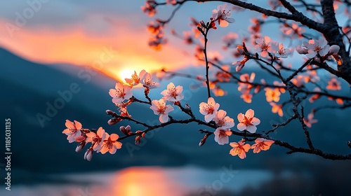 Wallpaper Mural Cherry Blossoms at Sunset Overlooking Serene Mountain Lake with Majestic Peaks in the Background Torontodigital.ca