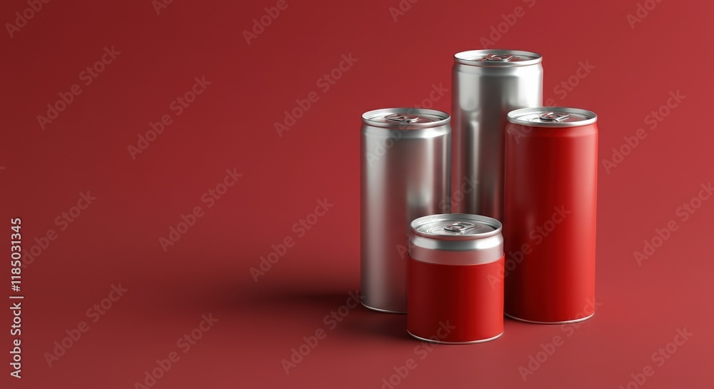 Four colorful cans arranged on a red background, may be used as mockup Four colorful cans arranged on a red background, may be used as mockup