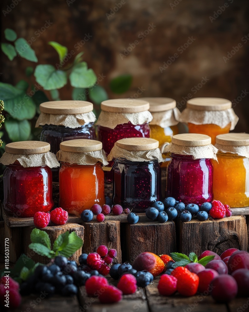 A vibrant display of assorted fruit jams in jars, surrounded by fresh berries and greenery. A vibrant display of assorted fruit jams in jars, surrounded by fresh berries and greenery.