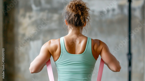 Woman exercising with resistance band in a gym setting during a fitness session