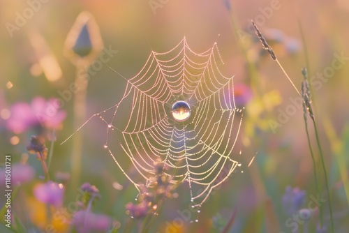 Dew-covered spiderweb glistening in the morning sunlight among wildflowers, reflecting nature's beauty.