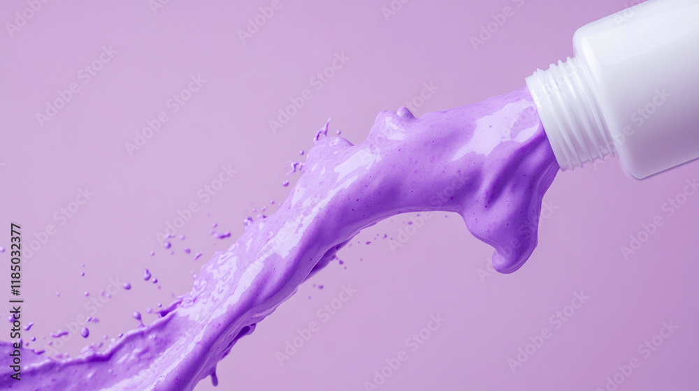 Flowing purple liquid from a bottle against a soft purple background creates an artistic and vibrant display Flowing purple liquid from a bottle against a soft purple background creates an artistic and vibrant display