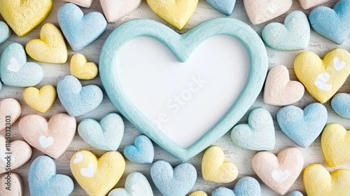 A decorative arrangement of pastel-colored heart-shaped candies surrounding an empty heart frame, perfect for a romantic or festive theme.