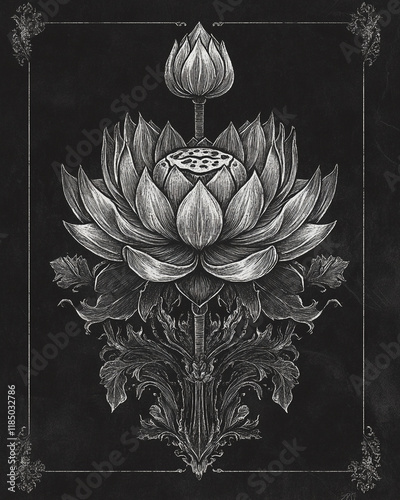 Lotus Flower Buddhism black and white illustration photo