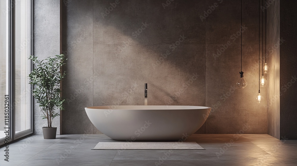 Modern minimalist bathroom with oval bathtub and hanging lights