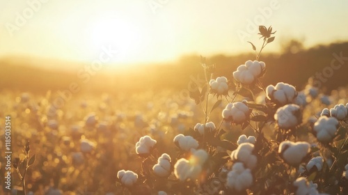 Cotton field at sunset, golden hour, soft focus, agricultural landscape. photo