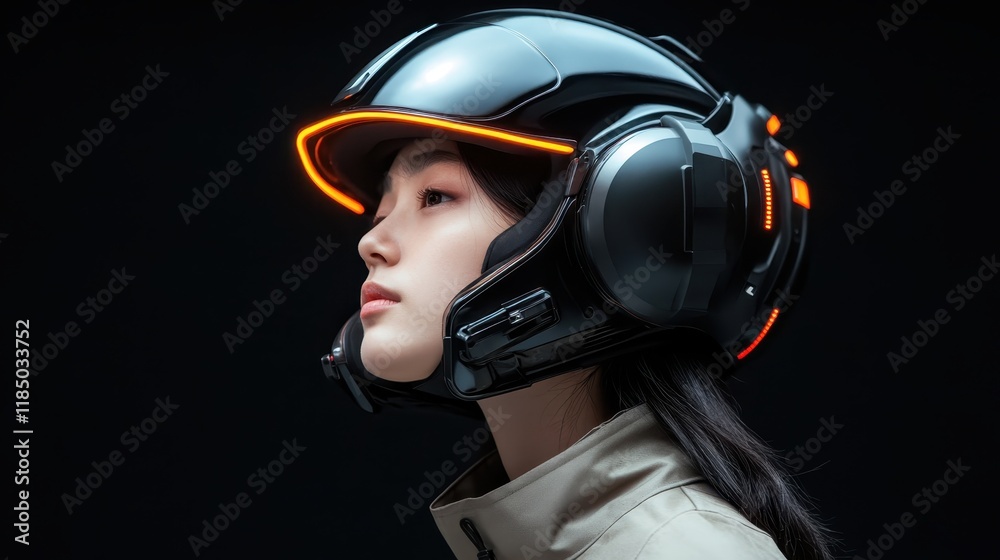 A graceful futuristic helmet sitting upon a person's head reflects a calm and poised demeanor, emphasizing the connection between technology and human emotion in a serene environment.