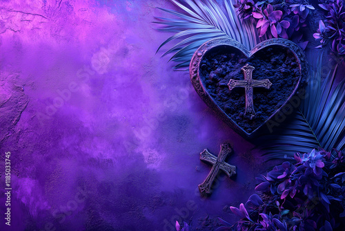 Ash Wednesday, Lent Season and Holy Week concept. Christian crosses and ashes on purple background. AI photo