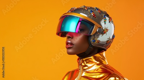 Explore the intersection of technology and artistry through a modern astronaut featuring a unique visor helmet that merges style and functionality in a striking composition. photo