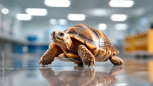 A detailed close-up of a tortoise walking gracefully on a shiny surface in a modern environment, highlighting its unique shell pattern and serene disposition. photo