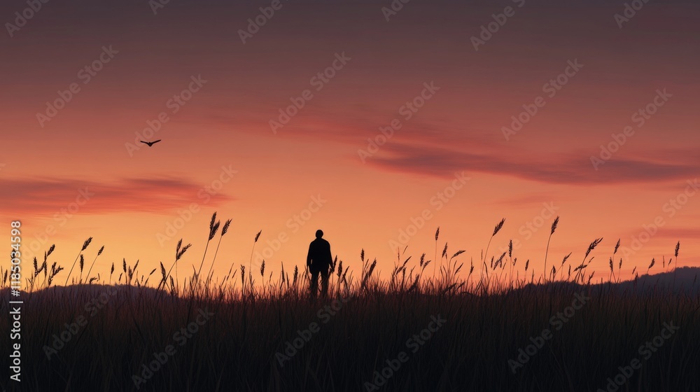 Solitary figure in tall grass at sunset, bird in flight. Solitary figure in tall grass at sunset, bird in flight.