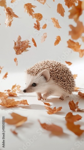 A cute hedgehog amidst falling autumn leaves, creating a whimsical and playful atmosphere. photo