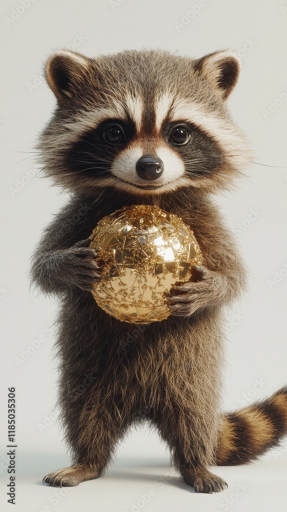 Obraz premium A cute raccoon holding a shiny golden ball, showcasing its playful spirit and curious nature.