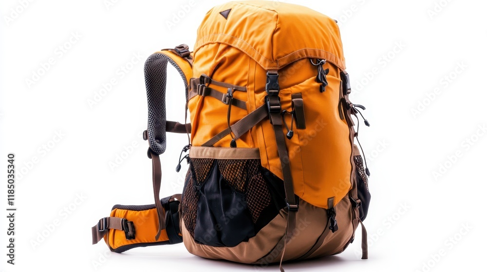 A vibrant orange backpack designed for outdoor activities, showcasing a functional layout with various compartments, suitable for hiking, camping, or daily use. A vibrant orange backpack designed for outdoor activities, showcasing a functional layout with various compartments, suitable for hiking, camping, or daily use.