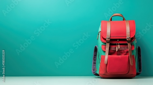 An elegant red and teal backpack is showcased against a vibrant backdrop, merging fashion and function for those who value aesthetics in their daily adventures.