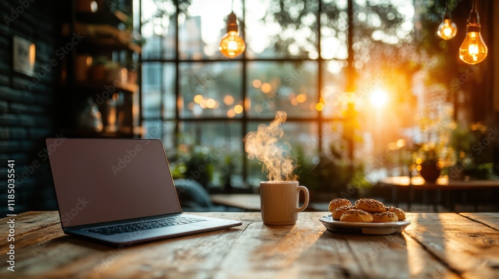A tranquil moment captured in a modern café with a steaming cup of coffee, a laptop, and delicious pastries, creating an inviting and serene environment for creativity. A tranquil moment captured in a modern café with a steaming cup of coffee, a laptop, and delicious pastries, creating an inviting and serene environment for creativity.