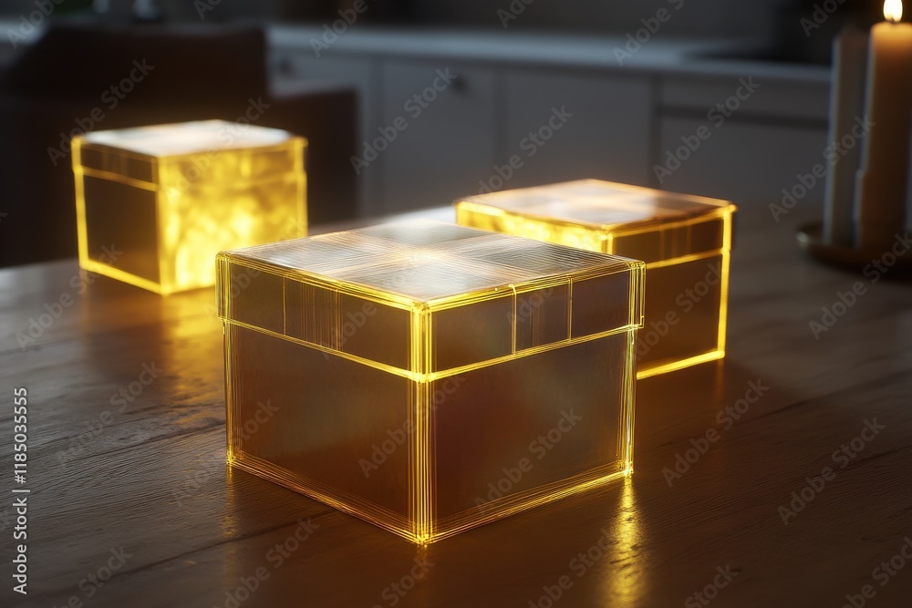 Fototapeta premium Three glowing golden boxes on a wooden table, creating a warm and inviting atmosphere.