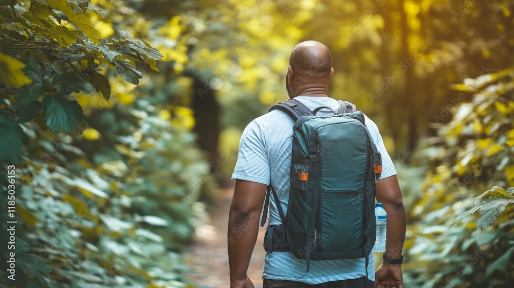 Obraz premium An overweight individual hiking on a scenic trail with friends, carrying a backpack and water bottle, surrounded by lush greenery and sunlight filtering through trees