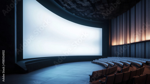 IMAX Theater Interior with a Giant Curved White Screen and Tiered Seating, Concept of Immersive Cinema and Advanced Technology