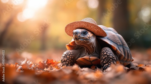 A charming turtle wears a straw hat while roaming through beautiful autumn leaves, capturing the essence of playful wildlife and nature’s vibrant seasonal colors. photo