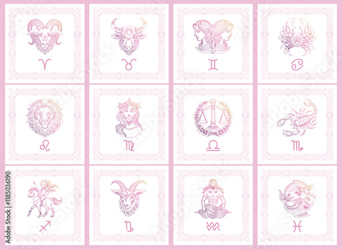 A set of zodiac sign cards in pastel colors. Outline signs of the astrological horoscope. Icons, templates