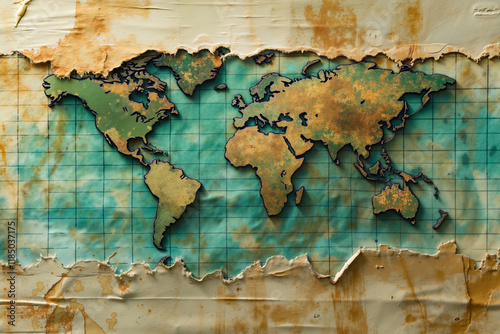 A map of the world on a piece of paper with peeling paint photo