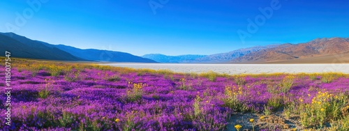 A surreal view of the salt flats of Death Valley National Park, USA, under a rare carpet of wildflowers during a superbloom