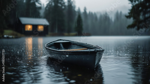 Calm lake with a small boat and a cozy cabin illuminated by warm light during a rainy evening